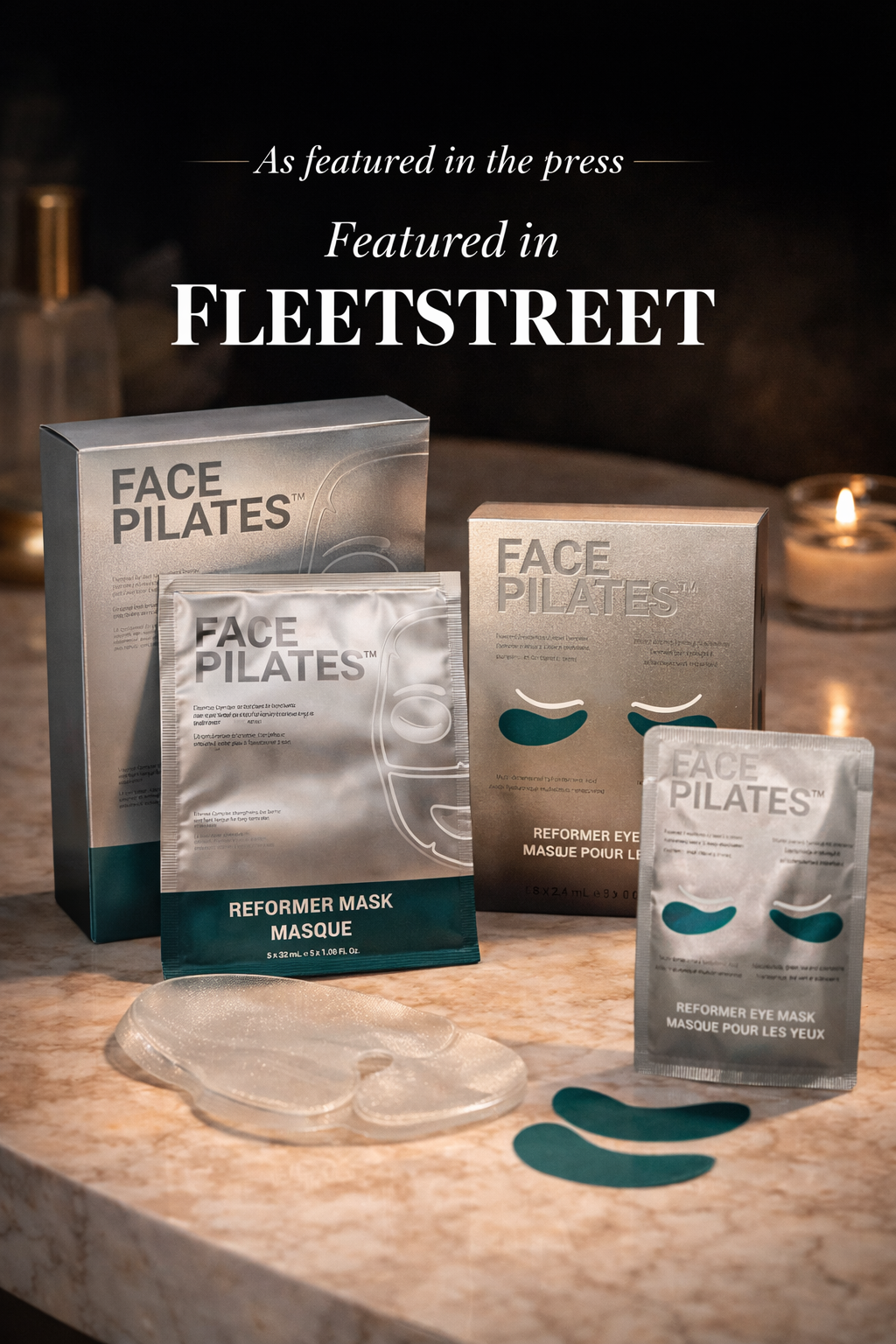 Face Pilates face and eye masks features in fleet street magazine shown in a counter