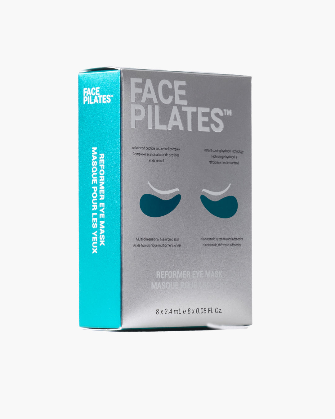 Box of Face Pilates eye masks on a white background