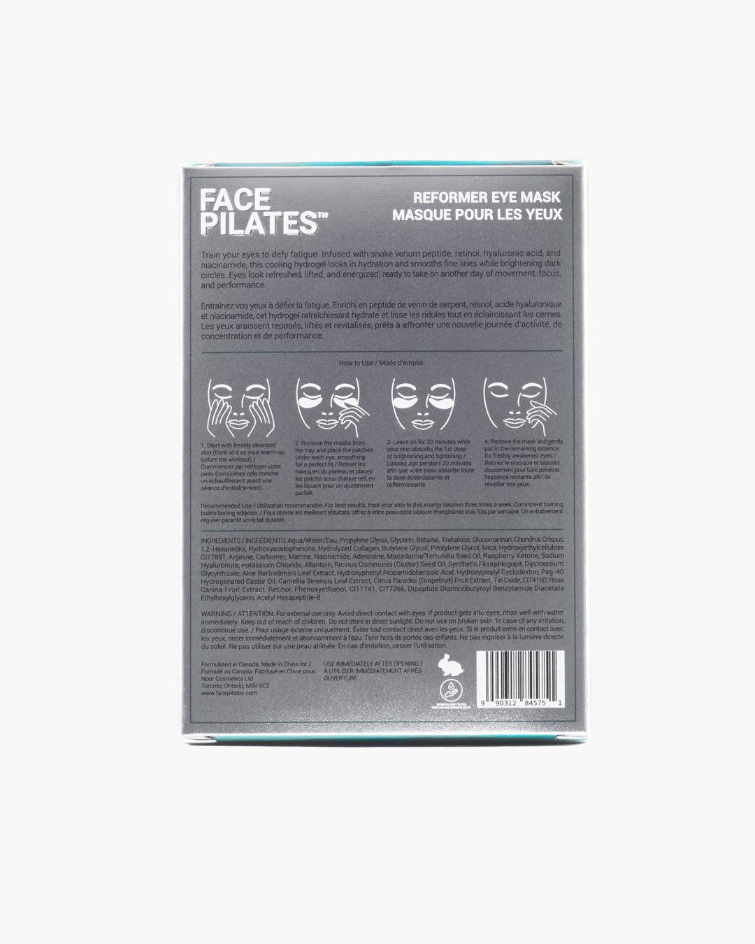 Package of Face Pilates Reformer Eye Mask on a white background showing back of box