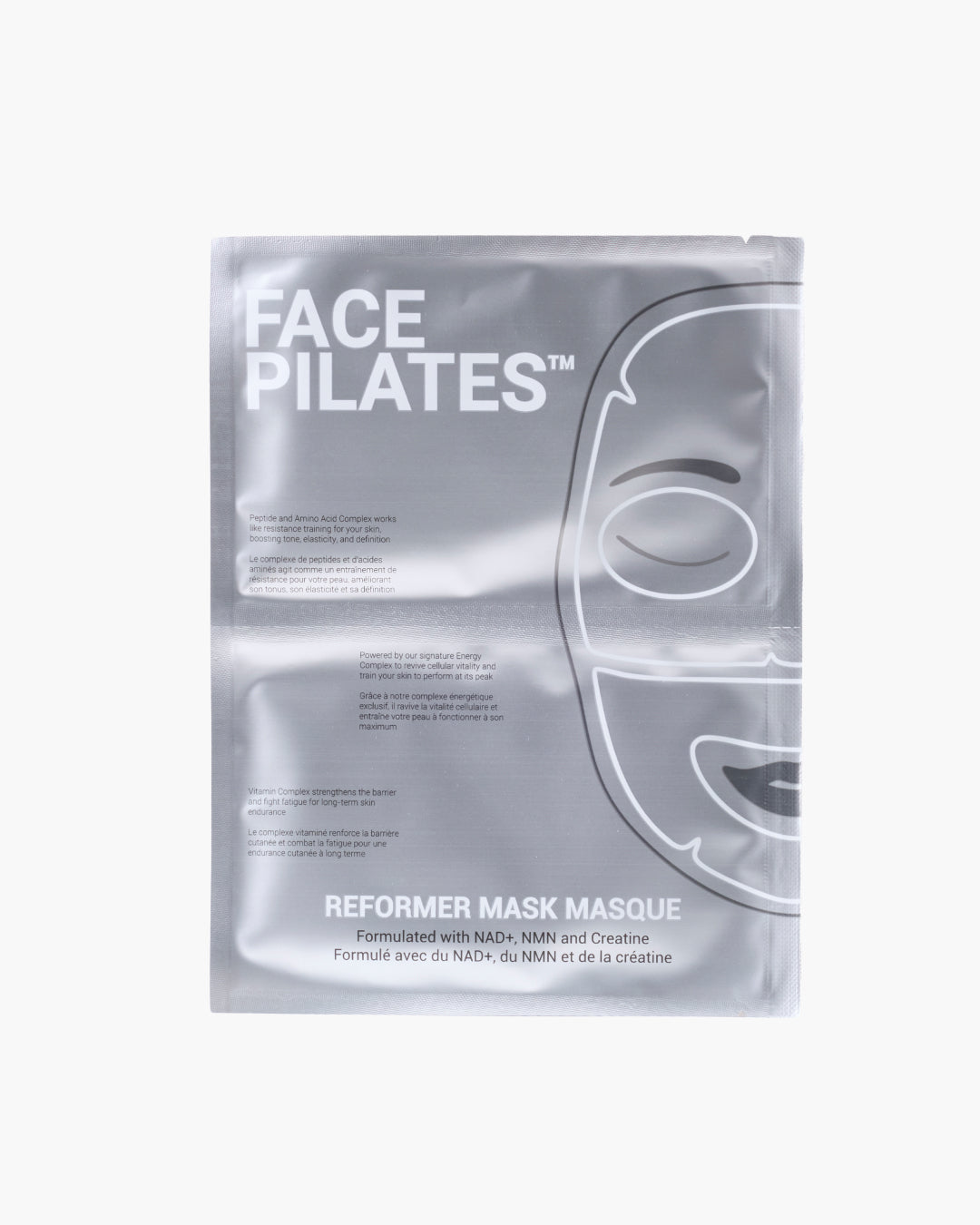 Face Pilates reformer mask masque packaging on a white background showing pouch