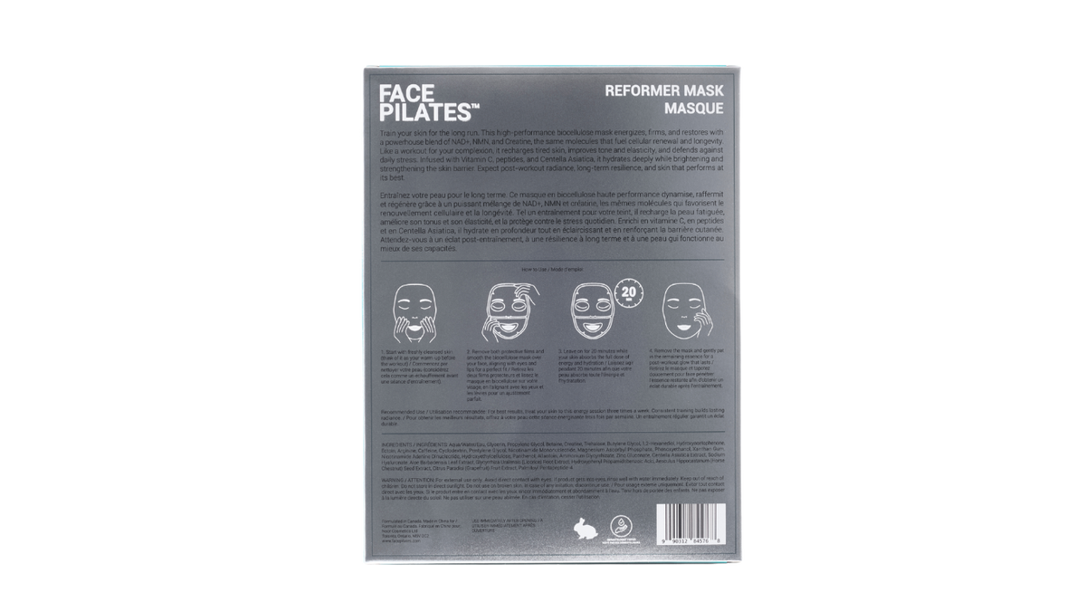 The back of a gray Face Pilates Reformer Mask Masque box, featuring product text, four illustrated face mask diagrams, and a barcode on a white background.
