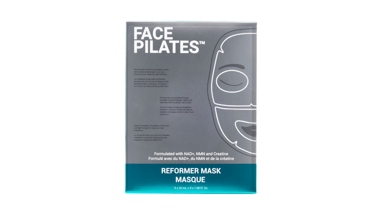 Face Pilates Reformer Mask packaging box, featuring a gray and teal design with white text and a line-drawn face mask outline.