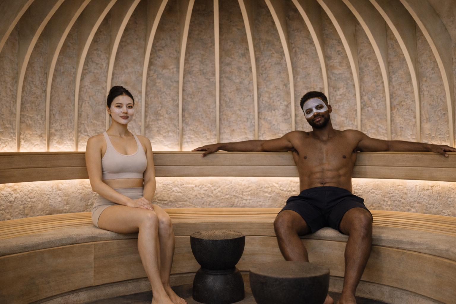 Two people sitting in a wooden sauna with a curved ceiling wearing face pilates reformer face masks