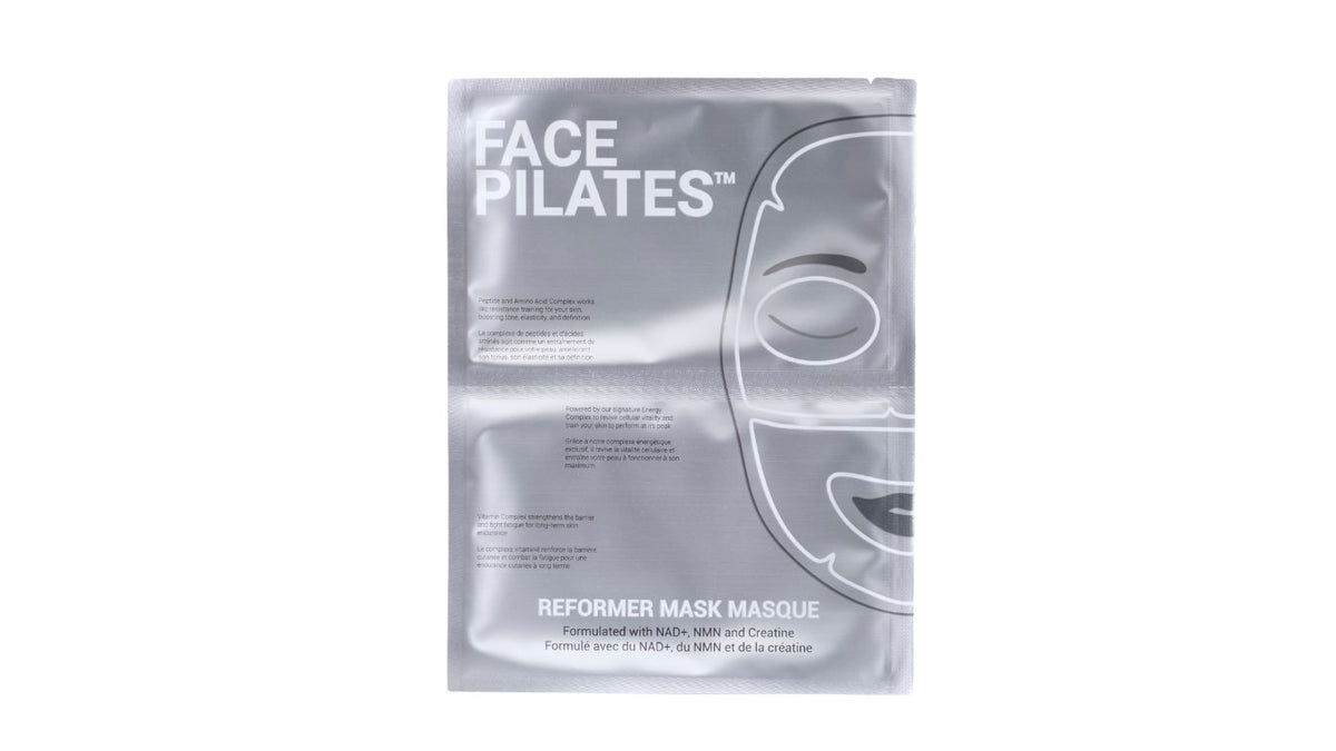 A silver metallic package of Face Pilates Reformer Mask Masque, featuring a white printed graphic of a face mask and product details, set against a plain white background.
