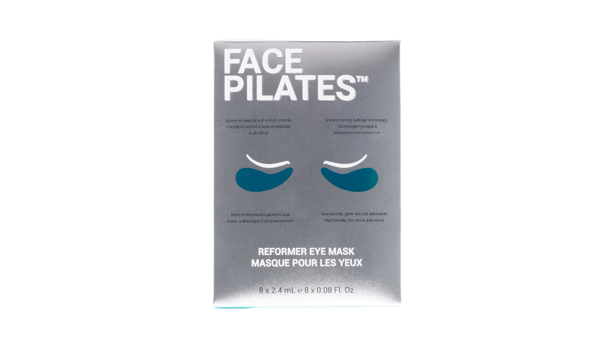 A pack of Face Pilates Reformer Eye Mask sheets in a silver-gray rectangular box with white text and teal eye-shaped graphics, centered on a plain white background.
