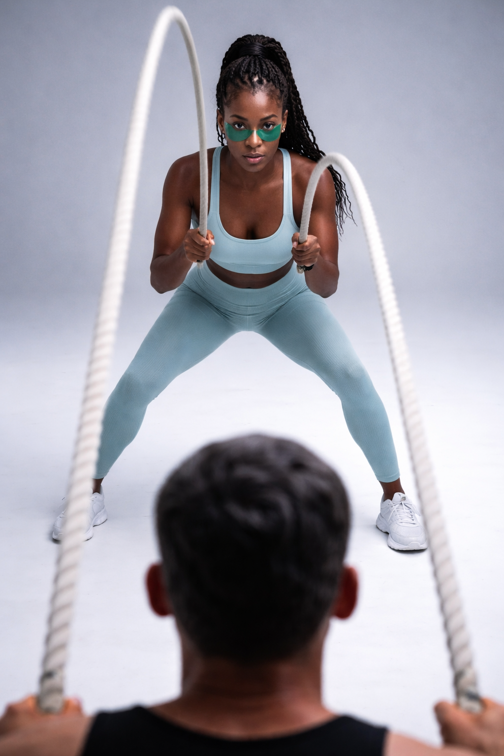 Woman exercising with resistance ropes on a gray background wearing face pilates reformer under eye masks